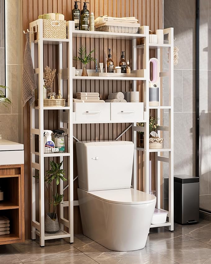 Over The Toilet Storage with 2 Drawers - 11 Tier Bathroom Organizer Freestanding Space Saver Storage Rack with Adjustable Shelf Above Toilet Stand with 4 Hooks for Restroom, Laundry, White
