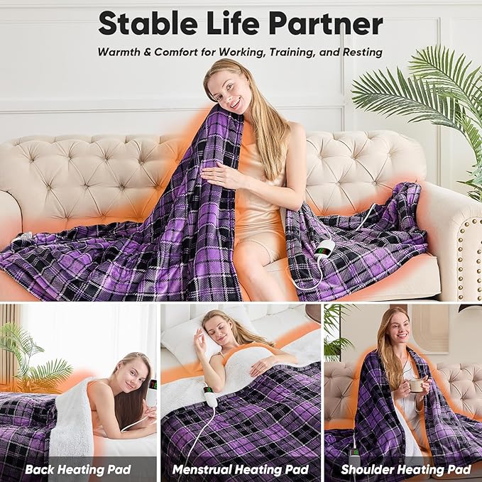 Heated Blanket Electric Throw, 50X60, Heating Throw with 10 Heating Levels & 8 Hours Auto Off, Purple Plaid Checkered Sherpa Blanket Warmer for Couch Bed Office, Gifts for Mom Women Grandma Home Decor