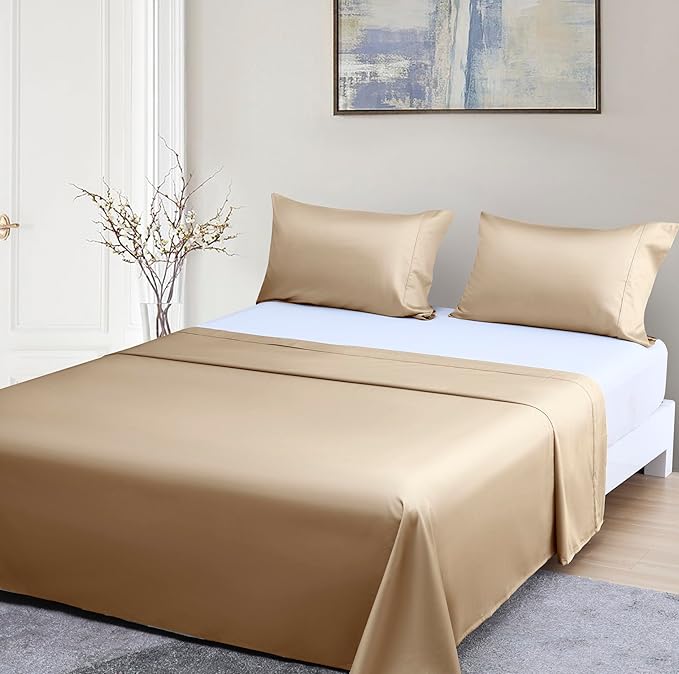 Beckham Hotel Collection Full Sheet Set 100% Cotton, 500TC Luxury Sateen Bedding, 16” Deep Pocket, Moisture-Wicking, 4-Piece, Sand