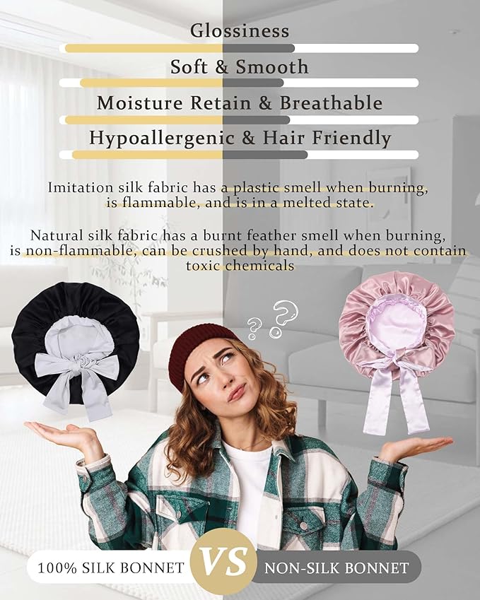100% Mulberry Silk Bonnet for Sleeping Women Double Layer Silk Hair Bonnet Natural Silk Sleep Cap with Elastic Reversible Hair Wrap (Black+Silver Gray)
