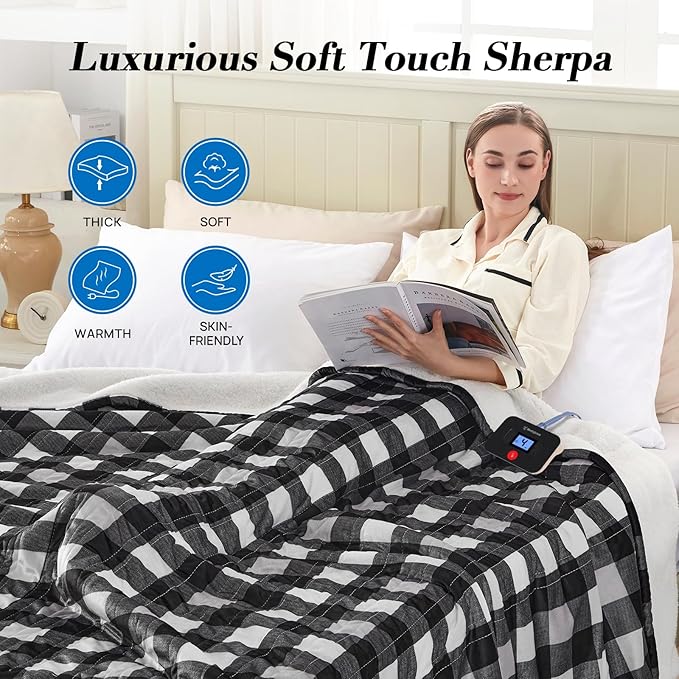 Westinghouse Full Size Heated Blanket Electric Blanket, Flannel & Sherpa Heating Blanket with10 Heating Levels & 1 to 12 Hours Heating Time Settings, Fast Heating Blanket Black Plaid, 72x84 Inches