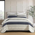 Stripe Queen Quilt Set - 100% Cotton Soft Lightweight 3 Pieces Bedding Set, Vintage Vine Pattern Quilted Bedspread with 2 Pillow Shams, Farmhouse Printed Coverlet for All Season, Navy/Gray