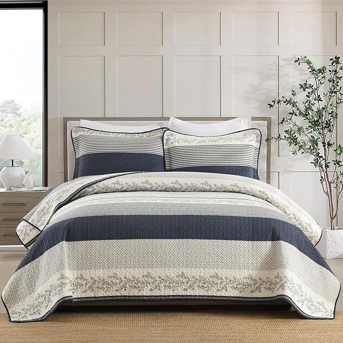 Stripe Queen Quilt Set - 100% Cotton Soft Lightweight 3 Pieces Bedding Set, Vintage Vine Pattern Quilted Bedspread with 2 Pillow Shams, Farmhouse Printed Coverlet for All Season, Navy/Gray