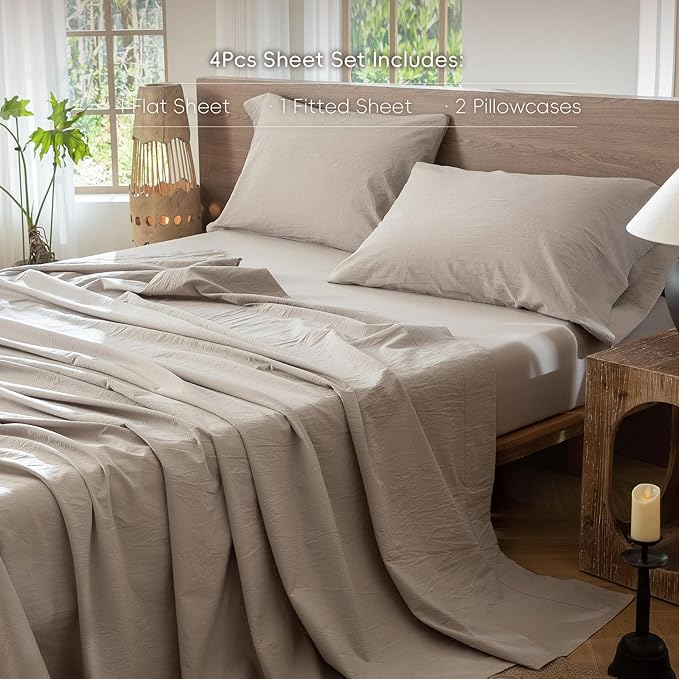 MooMee Bedding Sheet Set 100% Washed Cotton Linen Like Textured Breathable Durable Soft Comfy (Heathered Cream Grey, Queen)