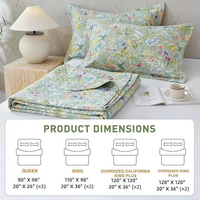 Lady Ann Green Floral 100% Cotton King Quilt Set - Green Flower Bird Butterfly Print Botanical Bedding,Vintage Lightweight Coverlet Ultra Soft Bedspread Set with Pillow Shams for All Season, 3 PCS