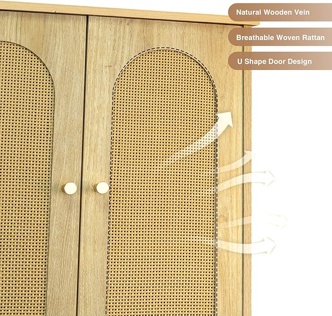 Rattan Toilet Storage Cabinet, Over The Rack Wood Cabinet with Metal Stand, Bathroom Organizer with Adjustable Shelf, Tall Freestanding Washer Shelf, Small Cupboard, Natural