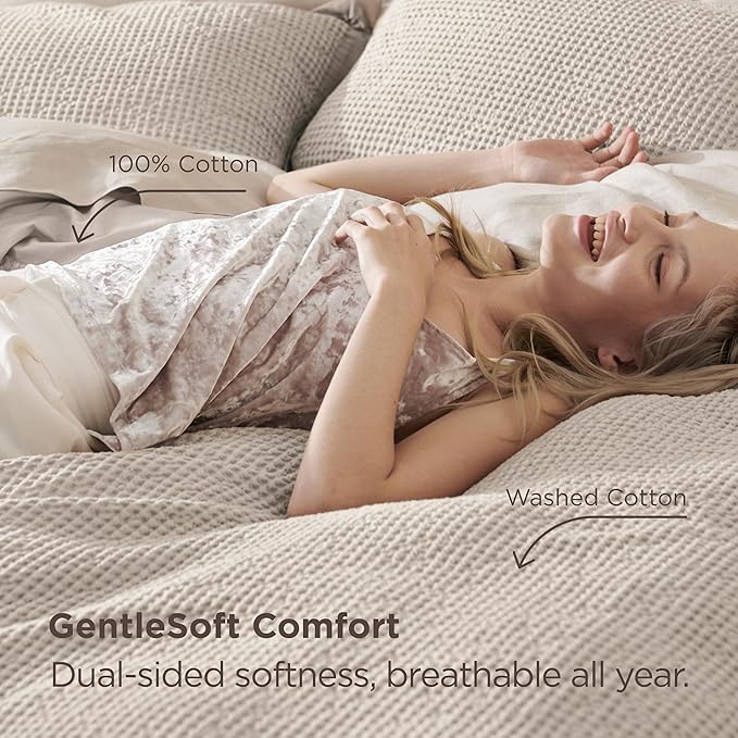 Bedsure 100% Cotton Duvet Cover King Size with Fitted Sheet - 4 Pieces Linen Color Waffle Weave Bedding Set, GentleSoft™ and Breathable, Includes 1 Duvet Cover 104x90, 1 Fitted Sheet, 2 Pillow Shams