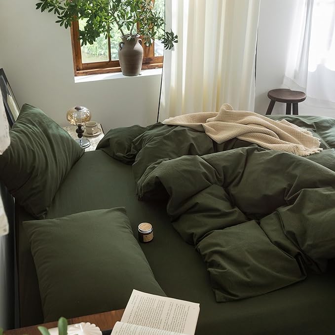FOSSA Duvet Cover Set 100% Washed Cotton Linen Feel Super Soft Breathable Cozy 3 Pieces Bedding Sets Solid Olive Green California King