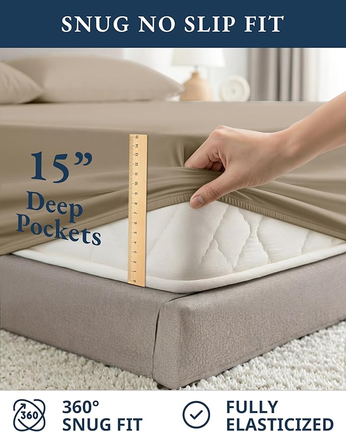 LANE LINEN 100% Organic Cotton Twin XL Sheets Set, Fully Elasticized Bed Sheets Set Twin XL Size Perfetct for Hospital beds, Deep Pocket Soft & Comfy Sheets Set Twin XL Size-Taupe