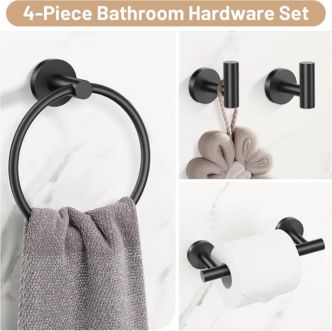 Black Bathroom Hardware Set, 4-Piece Towel Holder Set Include Double Bases Toilet Paper Holder,Towel Ring and 2 Towel Hooks Stainless Steel Wall Mounted Bathroom Hardware Accessories Set