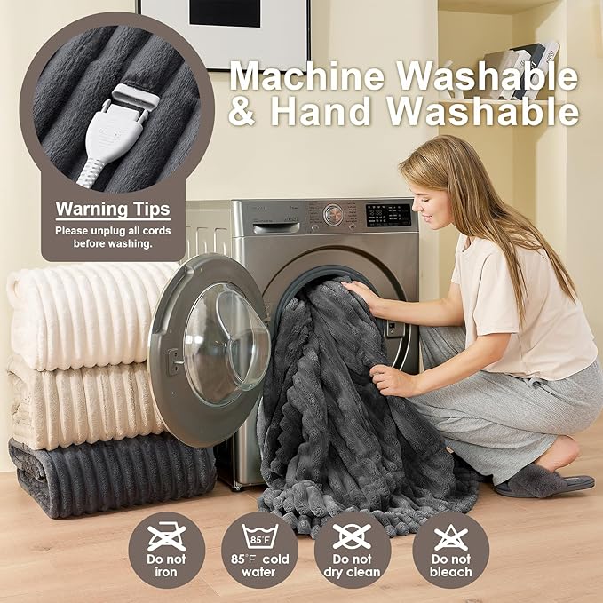 Hansleep Heated Blanket Queen Size Electric Throw Dual Control, Heating Blanket with 9 Heating Levels and 10-Hour Timer Auto Shut Off, Washable Soft Warm Winter Blanket, 80 x 90 Inches, Dark Grey