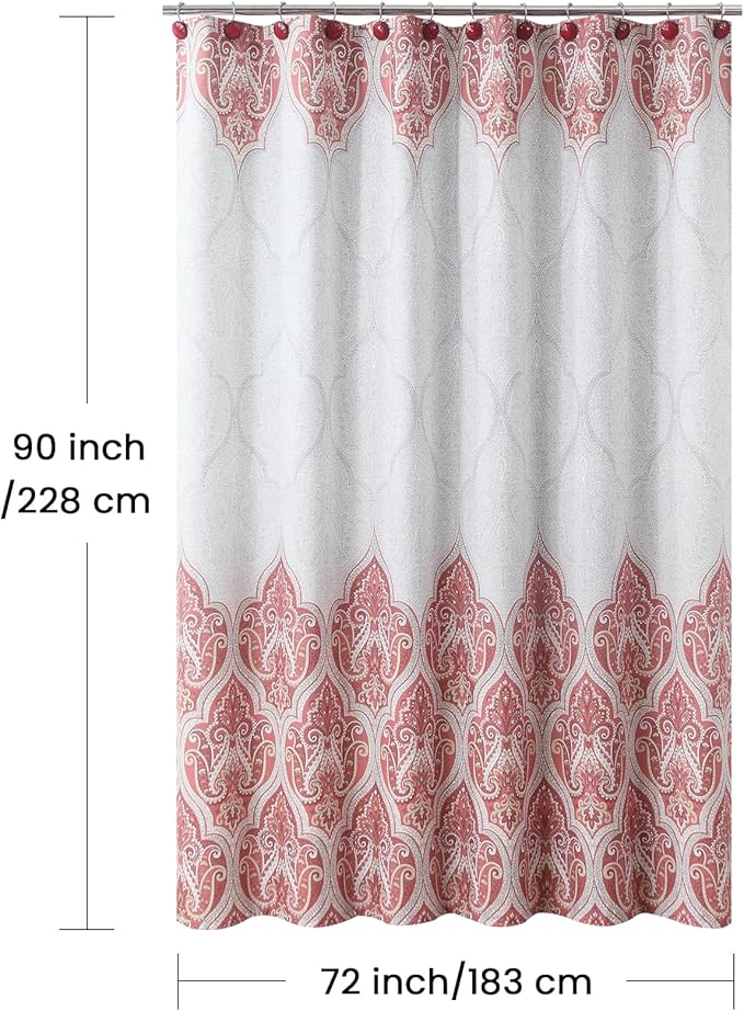 90 Inch Paisley Shower Curtain, Extra Long Water Repellent Fabric with Terracotta & Gray Bohemian Print, 12 Metal Grommets & Weighted Hem, 72x90 Inches