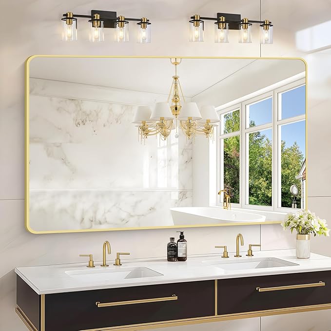 55"x36" Gold Bathroom Mirror, Large Rectangle Mirror, Rectangular Wall Mirror, Rounded Corner Vanity Mirror with Aluminum Metal Frame for Bathroom Bedroom Living Room Horizontal/Vertical