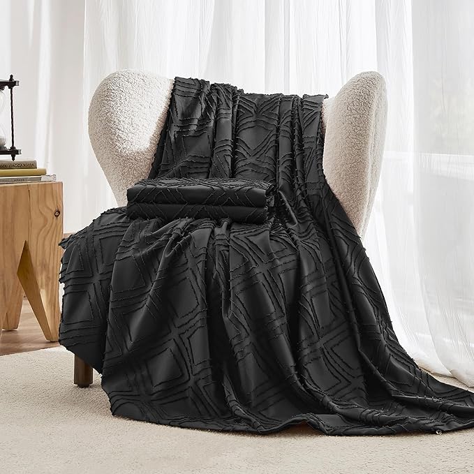 JELLYMONI Duvet Cover Queen Size Black - 3PCS Boho Duvet Cover Set Plaid Polyester Tufted Bohemian Jacquard Knit Textured Comforter Cover 90×90in Rhombic Geometric Pattern Zipper Corner Tie