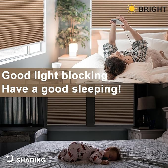 MYshade 1.5-Inch Cellular Cordless Blackout Shades,Thermal Insulating Noise Reducing Waterproof Blinds,Honeycomb Window Treatments for Indoor Light Control (Light Brown-31 W x 72" H)