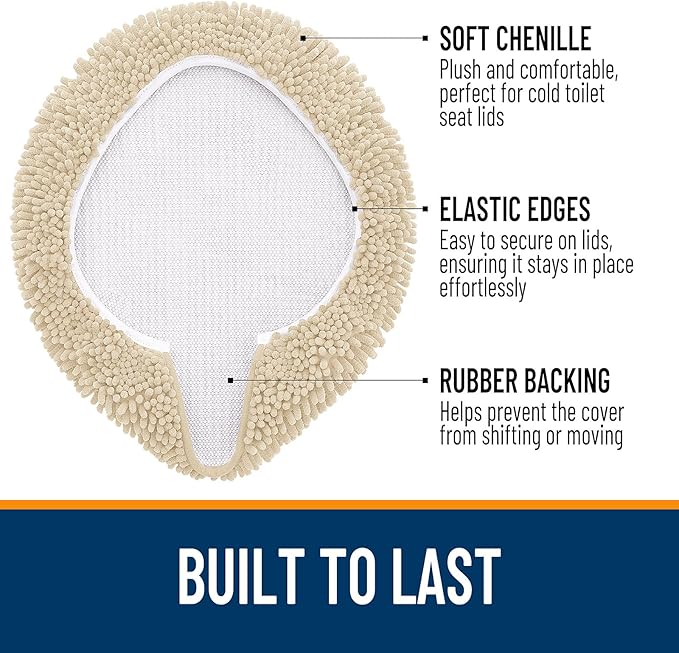 OLANLY Soft Chenille Bathroom Toilet Lid Cover, Machine Washable Seat Covers, 17.5x15, Stays in Place Rubber Backing, Fits Most Round, Elongated and Oblong Lids, Accessories Decor, Beige