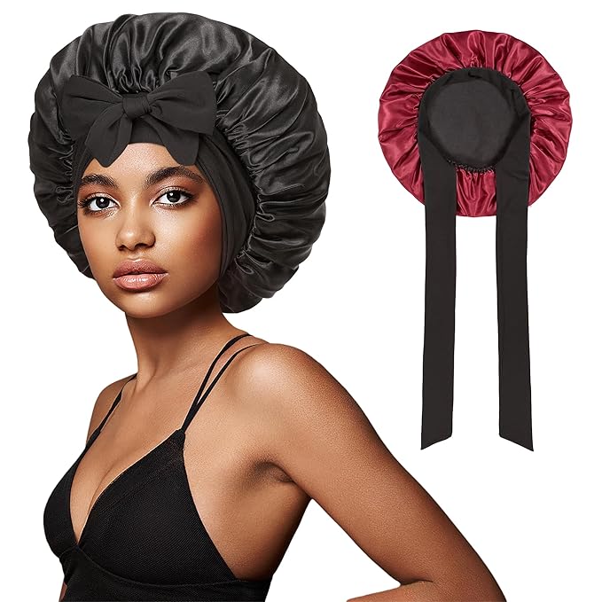 vidsel Bonnet with Tie Band, Hair Care Satin Silk Bonnet for Sleeping Women, Silky Sleep Bonnets for Women, Reversible Double Layer Sleep Cap for Curly Hair Braids