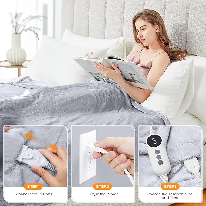 HYLEORY Heated Electric Blanket Throw, 2-Layer Cozy Warm Flannel 50" x 60", Heating Blanket with 9 Heating Levels, 2/4/6/10 Hours Auto Off, Fast Heating Winter Blanket, Light Grey