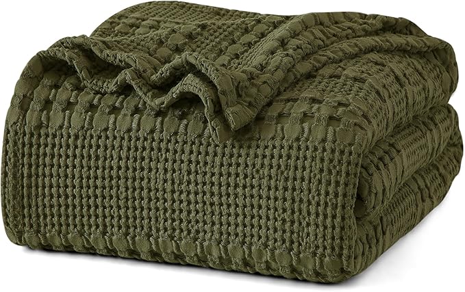 PHF 100% Cotton Waffle Weave Blanket Twin Size for Bed, Soft Lightweight & Breathable, All-Season Comfort, Luxury Aesthetic Woven Bedding for Home Decor, 66"x90", Capulet Olive