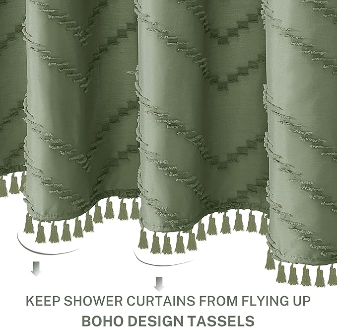 Boho Extra Long Sage Green Shower Curtain with Tassel, Woven Fabric, Tufted Chevron Striped, 72 x 78, Modern Chic Textured Minimalist