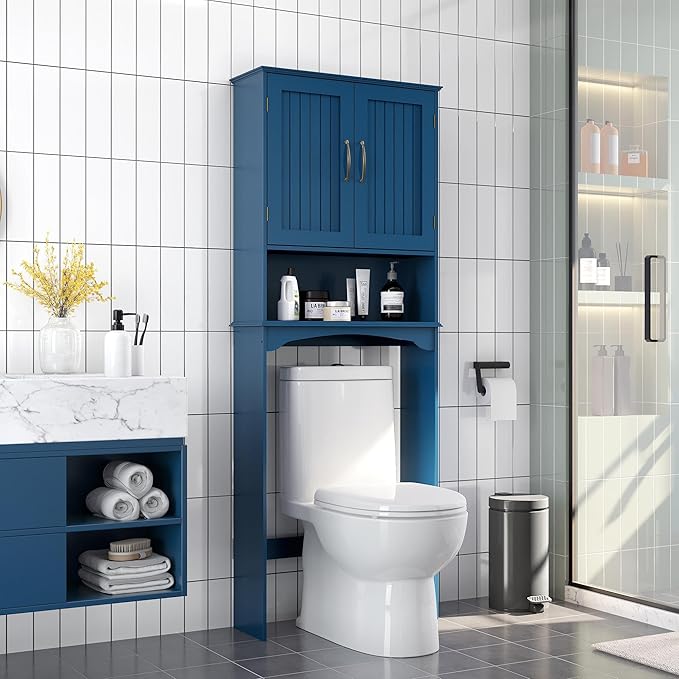 Yaheetech Over The Toilet Storage with 2 Doors & Adjustable Shelf, Free Standing Toilet Rack Wooden Space-Saving Collect Cabinet, Bathroom Furniture, L24.5xW9xH66 in, Navy Blue