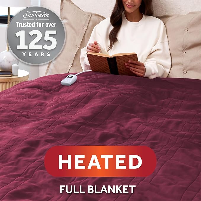 Sunbeam Electric Royal Luxe Microplush Heated Blanket, 12 Heat Settings, 12-Hour Auto Shut-Off, Fast Heating, Warm & Cozy, Machine Washable, Cabernet Color, Full (84" x 72")