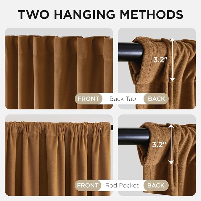 Joydeco Golden Brown 100% Blackout Curtains 72 Inch 2 Panels, Luxury Thermal Brown Velvet Curtains for Bedroom Living Room, Soundproof Blackout Window Drapes, Rod Pocket & Back Tab (52W x 72L)