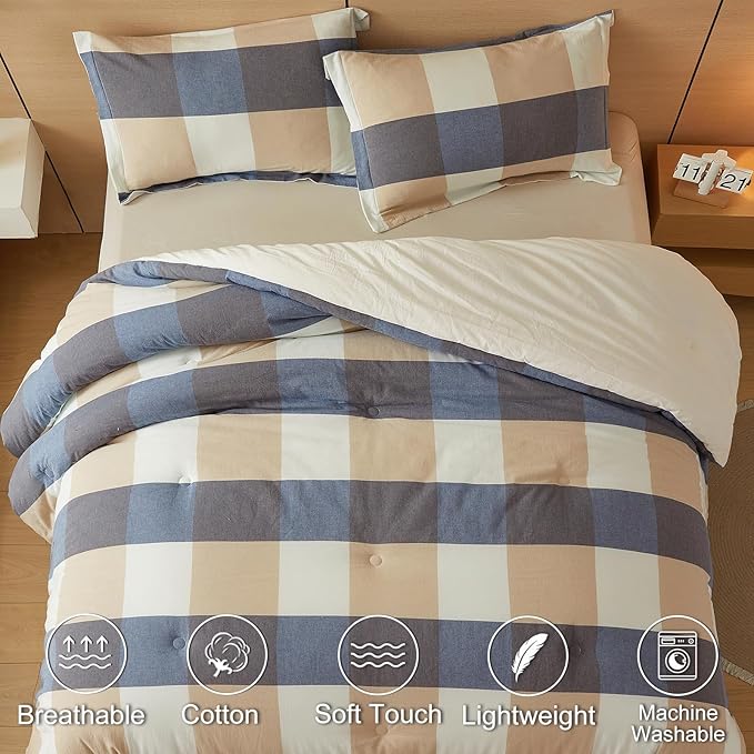 100% Cotton Comforter Set Queen Size – Reversible Yarn-Dyed Checkered Design, Soft Washed Cotton on Both Sides, Lightweight All-Season Bedding, Machine Washable(Blue White Plaid, 90”x90”)