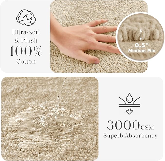 Madison Park Splendor Reversible 100% Cotton Tufted Bathroom Rug-3000 GSM Hotel Quality Luxurious Plush Medium Pile Bath Mat Absorbent, Quick Dry, Shower Room Décor, 24x36 Natural