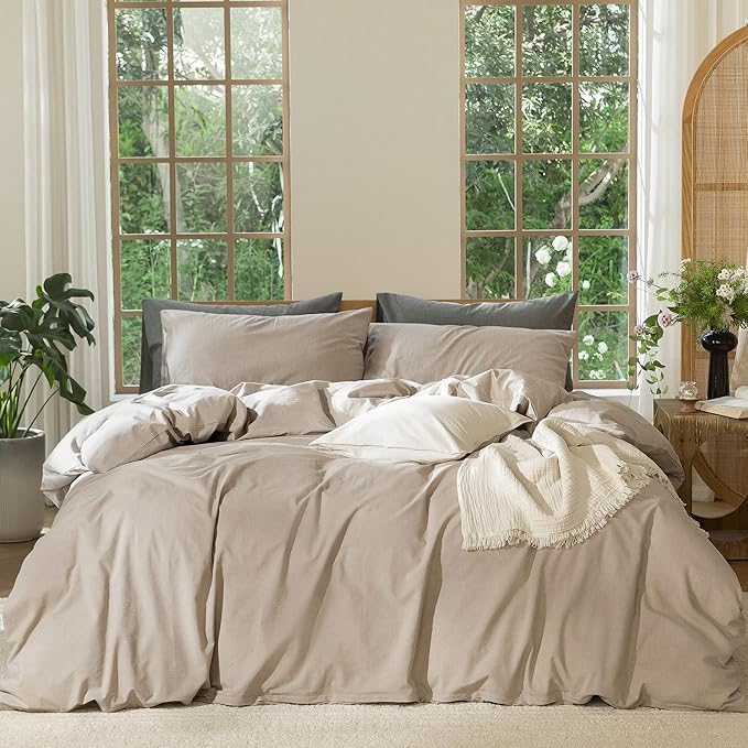 MooMee Bedding Duvet Cover Set 100% Washed Cotton Linen Like Textured Breathable Durable Soft Comfy (Heathered Taupe, Super Queen 90"x98")