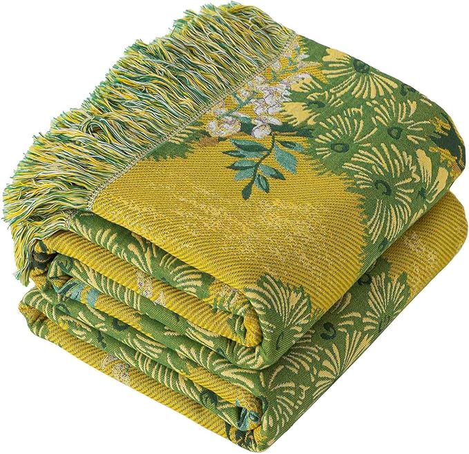 Qidordour Boho Throw Blanket, 80"x90" Muslin Blankets, 100% Organic Cotton Blanket for Couch Sofa, Lightweight Quilt with Tassel, All Season Bed Throw, Farmhouse Home Decor, A-Sophora Flower
