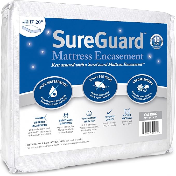 Cal King (17-20 in. Deep) SureGuard Mattress Encasement - 100% Waterproof, Bed Bug Proof, Hypoallergenic - Premium Zippered Six-Sided Cover
