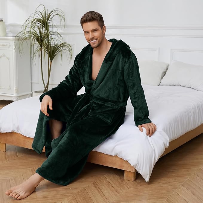 U2SKIIN Mens Robe with Hooded, Full Length Thickened Plush Robe Big and Tall Bathrobe