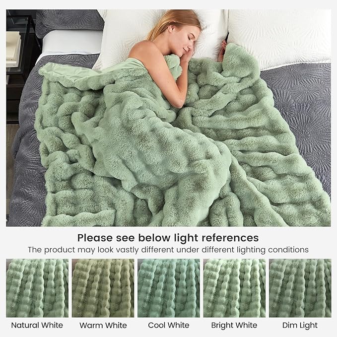 Cozy Bliss Faux Fur Throw Blanket for Couch, Fuzzy Soft Plush Thick Bubble Blanket for Sofa Bedroom Living Room, 90 * 90 Inches Sage Green
