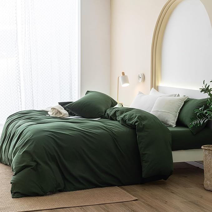 JIYUAN 100% Washed Cotton Duvet Cover Set 3 Pieces King, 1 Duvet Cover 104x90 Inches(Comforter Not Included) and 2 Pillowcases,Linen Feel Bedding Set Comfy and Breathable,Forest Green