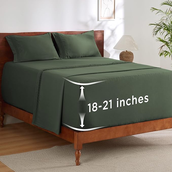 Bedsure Deep Pocket Queen Sheets Set - Fits Mattresses Up to 21 Inches Thick - 4 Piece GentleSoft Bed Sheets, Moisture Wicking, Soft & Cooling Bedsheet & Pillowcases, Easy & Secure Fit, Olive Green