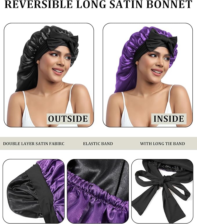 AWAYTR Long Satin Bonnet for Sleeping - Double Layer Reversible Silk Bonnet for Long Hair Women Sleeping Cap with Tie Band