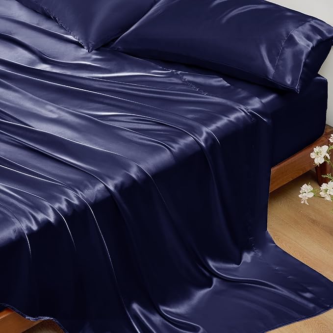 Bedsure Satin Sheets King Size - 4 Piece Silky Bedsheets with 15 Inches Deep Pocket Fitted Bedsheet,1 Flat Sheet, 2 Satin Pillowcases, Good for Hair & Skin (King, Navy)