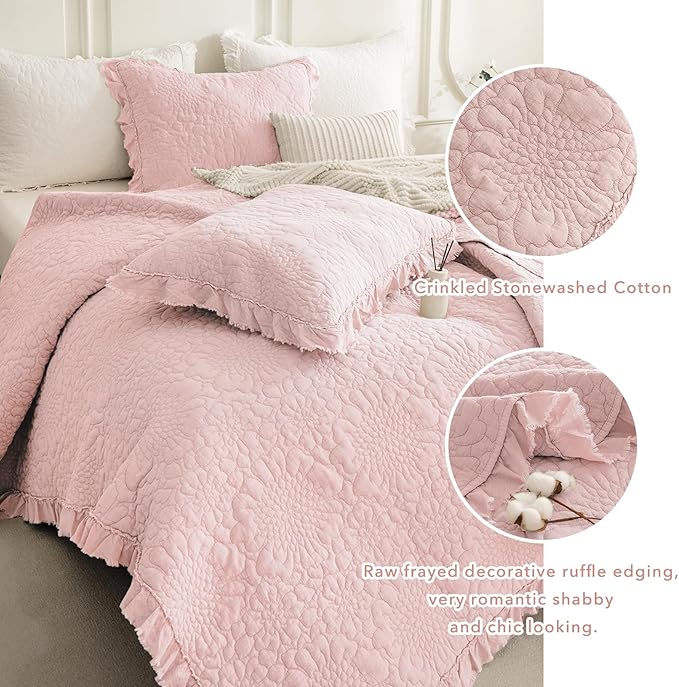 QSH 3PCs Blush Oversized King Quilt Bedspread Set(120"x120"),Stonewashed Cotton Ruffle Quilt California King,Ultra Soft Lightweight Crinkled Shabby Bedspread Coverlet Bedding Set for All Seasons