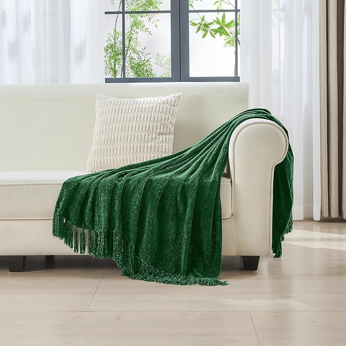 CozeCube Chenille Throw Blanket for Couch, Cozy Plush Fuzzy Decorative Christmas Green Blanket with Fringe Tassels, Lightweight Throws for Bed Sofa Gift Home Decor, 60"X80"