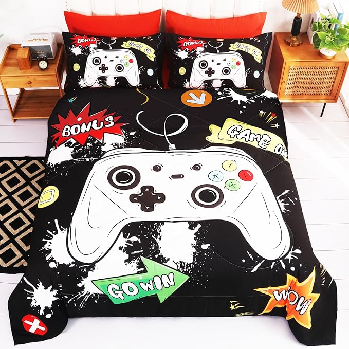 Wajade Kids Game Comforter Set Bed in A Bag Full Size 7 Piece 3D Colorful Video Game Controller Bedding Set for Boys Girls (1 Comforter, 1 Flat Sheet, 1 Fitted Sheet, 2 Pillowcase and 2 Pillow Sham)