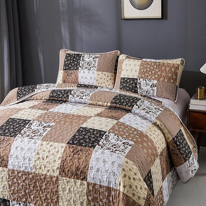Mybedsoul Brown Quilt Set Full Size, 3 Pieces Plaid Floral Bedspread Set Patchwork Reversible Bedding Set Microfiber Lightweight Bedspread Coverlet Set for All Season 78"x90"