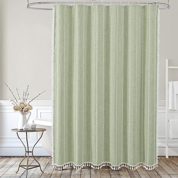 MitoVilla Sage Green Shower Curtain 72 x 78, Boho Farmhouse 78 inch Long Polyester Linen Tassel Ultra Thick Heavy Duty Fabric Shower Curtains for Chic Cottagecore French Rustic Bathroom Decor