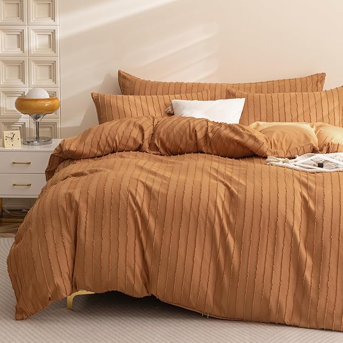 JELLYMONI Duvet Cover Full Size Rust - 3PCS Boho Striped Duvet Cover Set Polyester Tufted Bohemian Textured Comforter Cover 80×90in with Corner Ties & Zipper and 2 Pillowcases