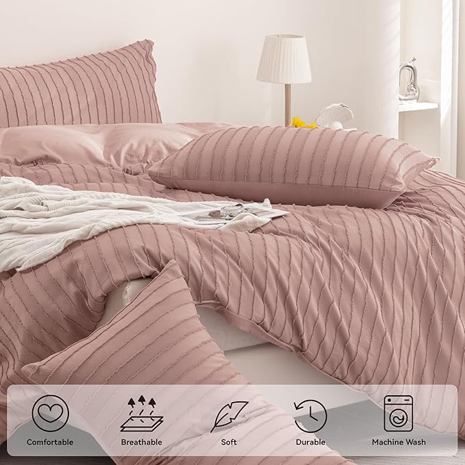 JELLYMONI Duvet Cover King Size Smokey Pink - 3PCS Boho Striped Duvet Cover Set Polyester Tufted Bohemian Textured Comforter Cover 104×90in with Corner Ties & Zipper and 2 Pillowcases