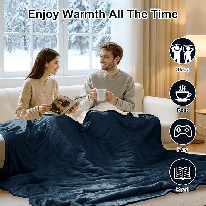 Heated Blanket King Size - Dual Control King Electric Blanket with 5 Heat Settings, 10 Hrs Auto Off for Bed, ETL Certified, Washable Flannel Sherpa Heating Blankets 100" x 90", Navy