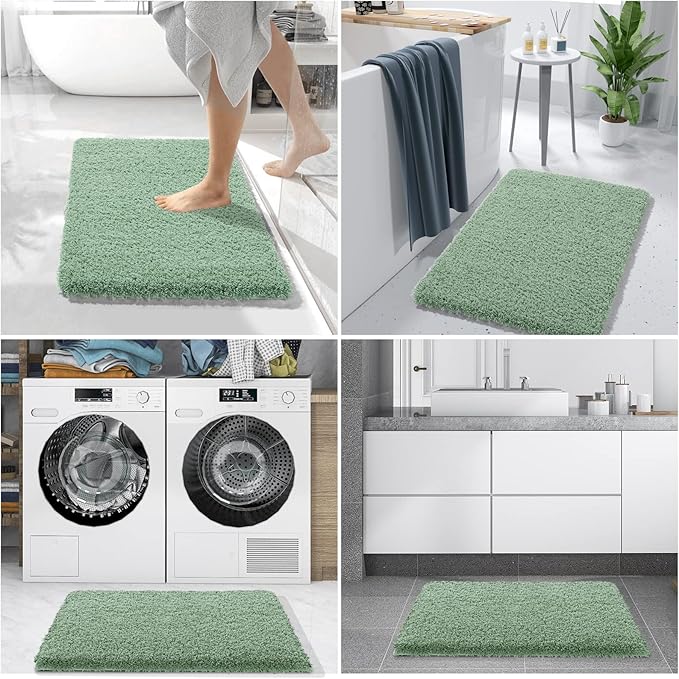 Yimobra Pure Light Green Bathroom Rugs Non Slip Washable, Ultra Soft and Water Absorbent Bath Mats, Plush Fluffy Shower Mat Outside, Microfiber Thick Matts for Bathroom Floor/Sink, 24x17