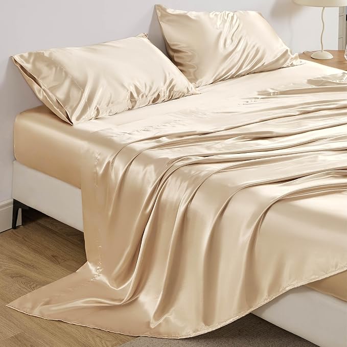 Bedsure Satin Sheets King Size - 4 Piece Silky Bedsheets with 15 Inches Deep Pocket Fitted Bedsheet,1 Flat Sheet, 2 Satin Pillowcases, Good for Hair & Skin (King, Champagne)