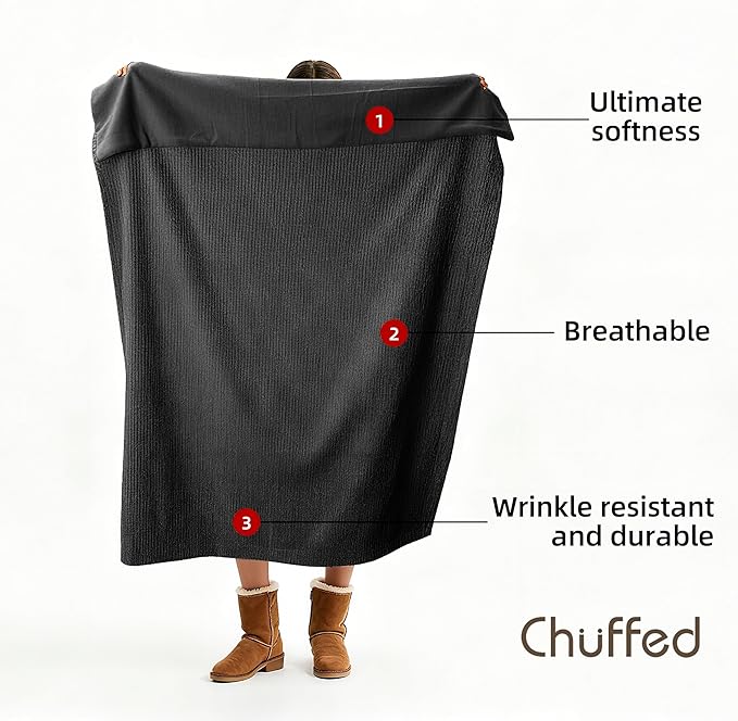 CHUFFED Cotton Waffle Blanket Queen Size - Plush Milk Velvet & Reversible Waffle Weave,Anti-Static 300Gsm Design，Thick Cozy Soft Winter Blanket for Bed, Couch, Sofa - Dark Grey, 90x90 Inches