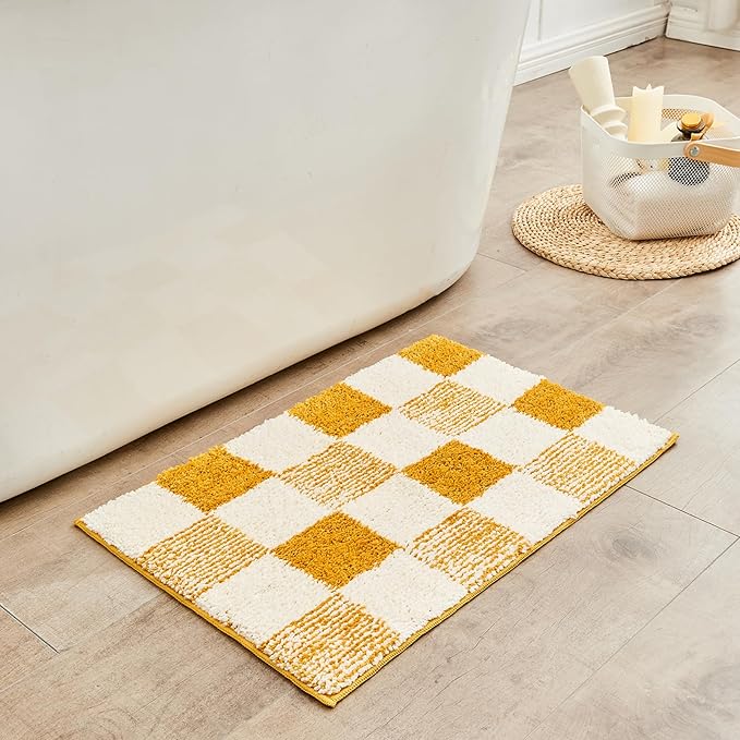 CozeCube Bath mats for Bathroom Non Slip, Fluffy Absorbent Microfiber Bath mat Washable, Aesthetic Bathroom Rugs, Long Harvest Gold Checkered Bath mat, Harvest Gold, 47" x 24"